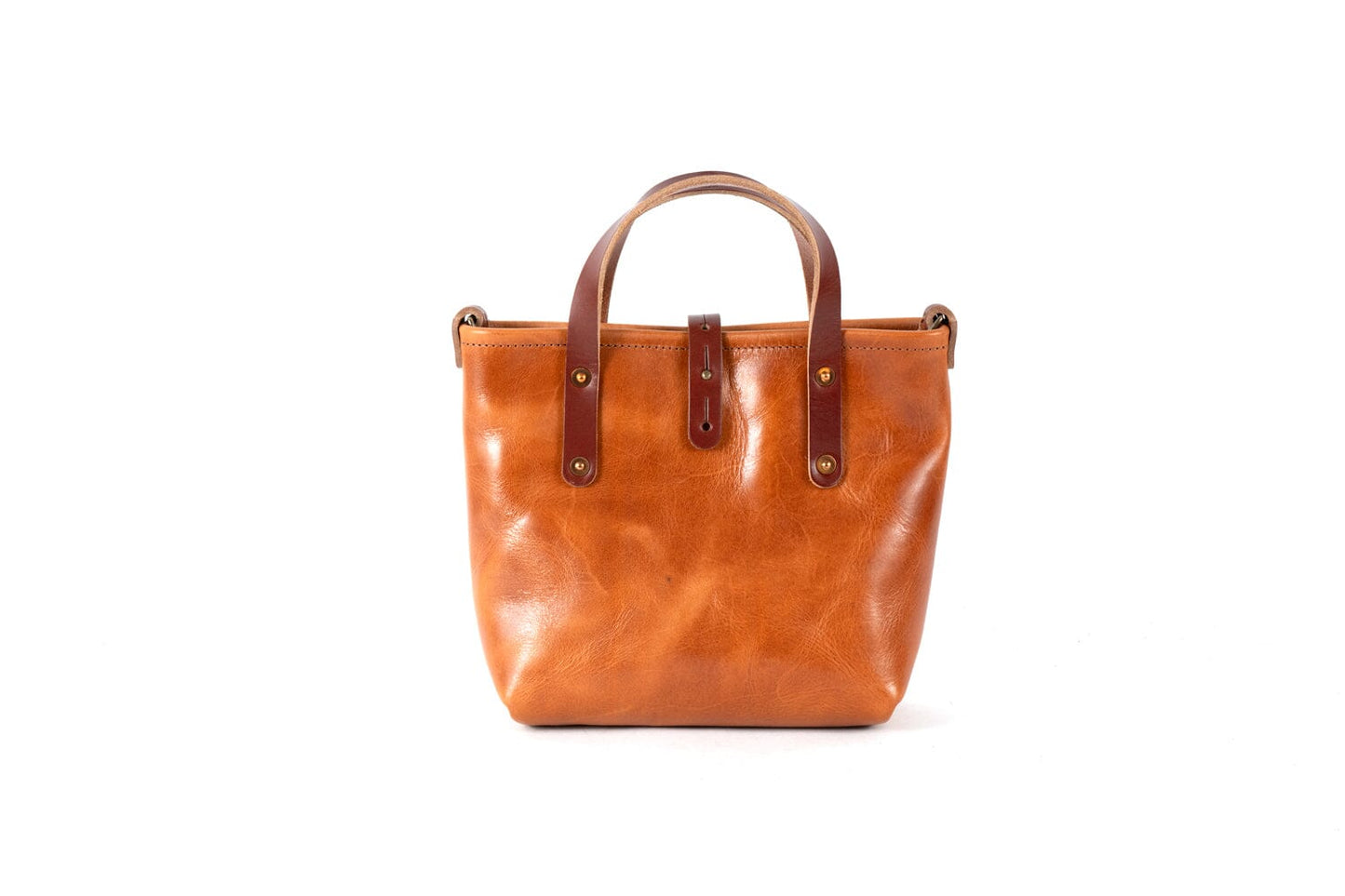 AVERY LEATHER TOTE BAG - MINI CROSSBODY - CARAMEL - WITH HEMMED TOP - IN STOCK