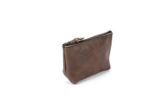 LEATHER ZIPPERED POUCH WITH GUSSET - SMALL - CHARCOAL BISON - IN STOCK