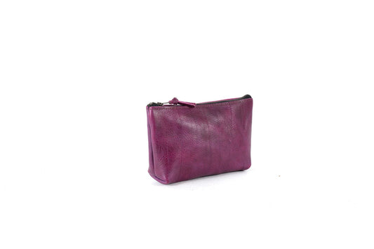 LEATHER ZIPPERED POUCH WITH GUSSET - MEDIUM - GRAPE BISON - IN STOCK