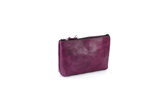 LEATHER ZIPPERED POUCH WITH GUSSET - LARGE - GRAPE BISON - IN STOCK