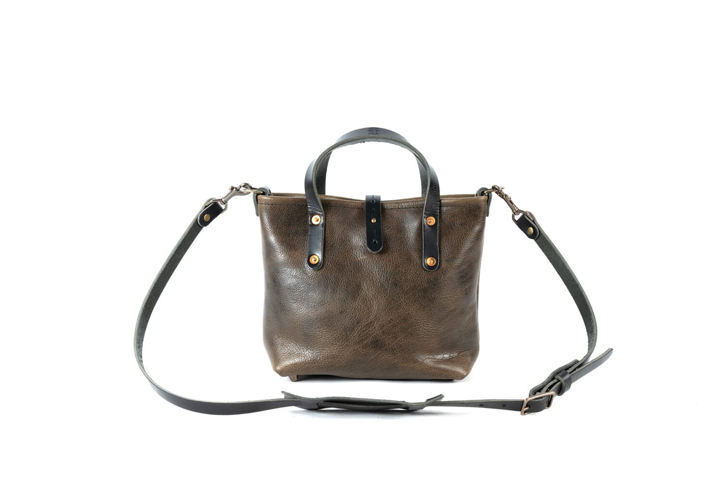 AVERY LEATHER TOTE BAG - MINI CROSSBODY - MYSTERY MOSS - ZIPPER - BUTTON STUD - BRASS FEET - IN STOCK