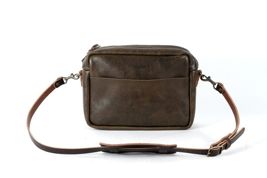 SARAH LEATHER CROSSBODY - LARGE - MYSTERY MOSS - MOCHA STRAPS - INSIDE AND OUTSIDE POCKETS - IN STOCK