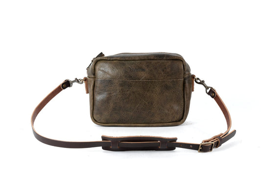 SARAH LEATHER CROSSBODY - MEDIUM - MYSTERY MOSS WITH MOCHA STRAP AND OUTSIDE POCKET - IN STOCK