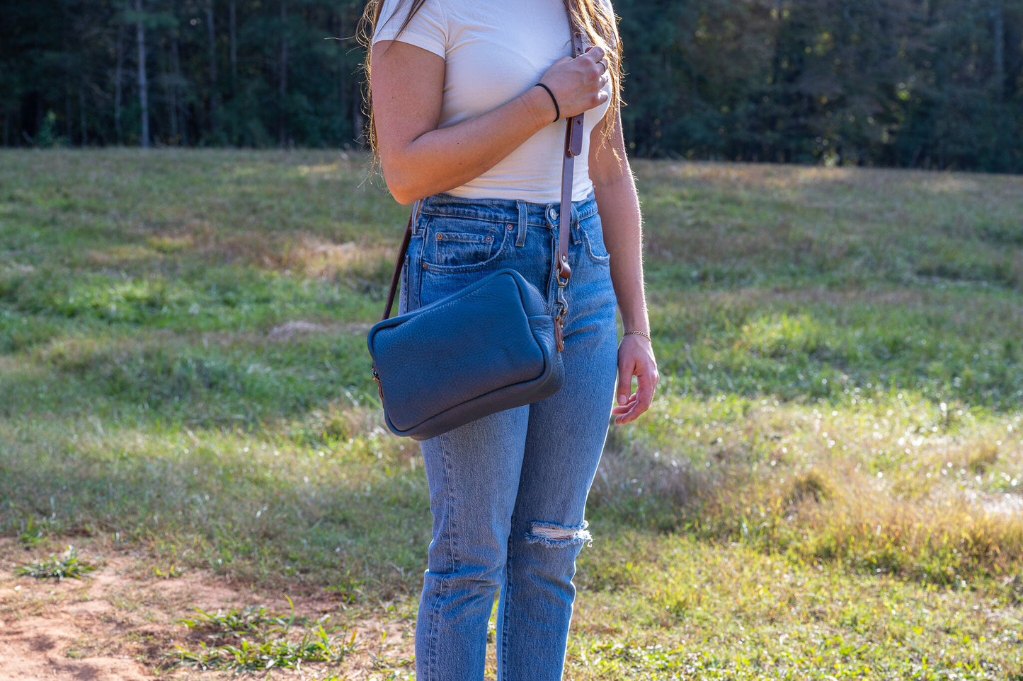 SARAH LEATHER CROSSBODY - SMOKEY BLUE