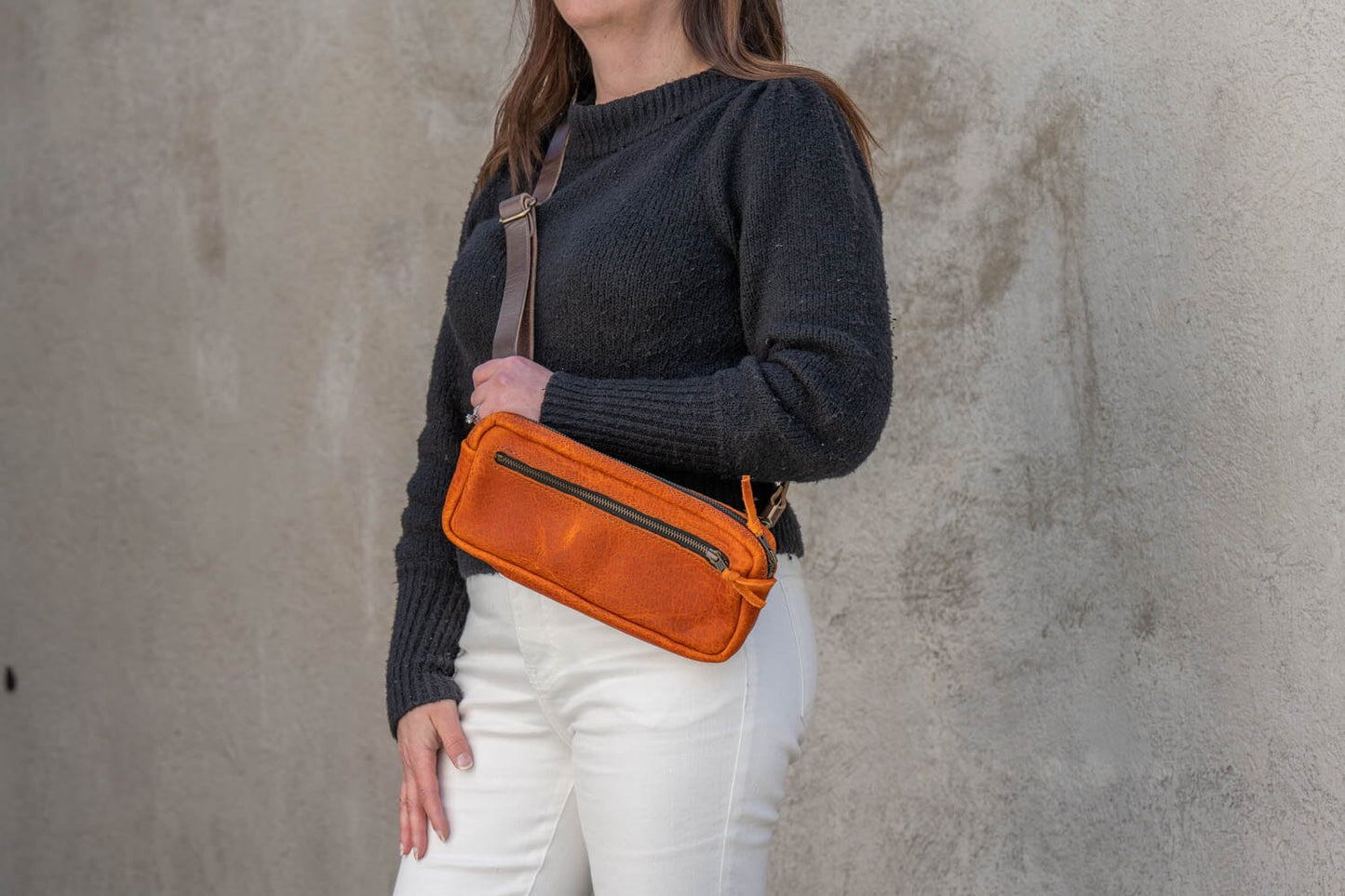 LEATHER FANNY PACK / LEATHER WAIST BAG - DELUXE - TANGERINE BISON