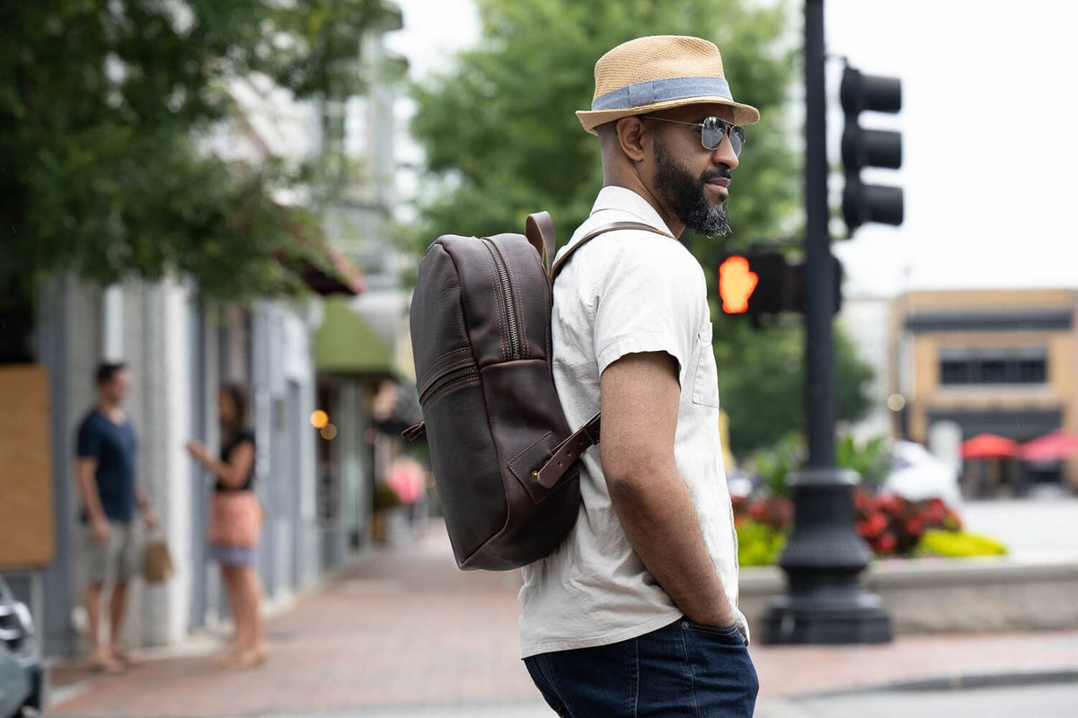 Leather backpack style sale