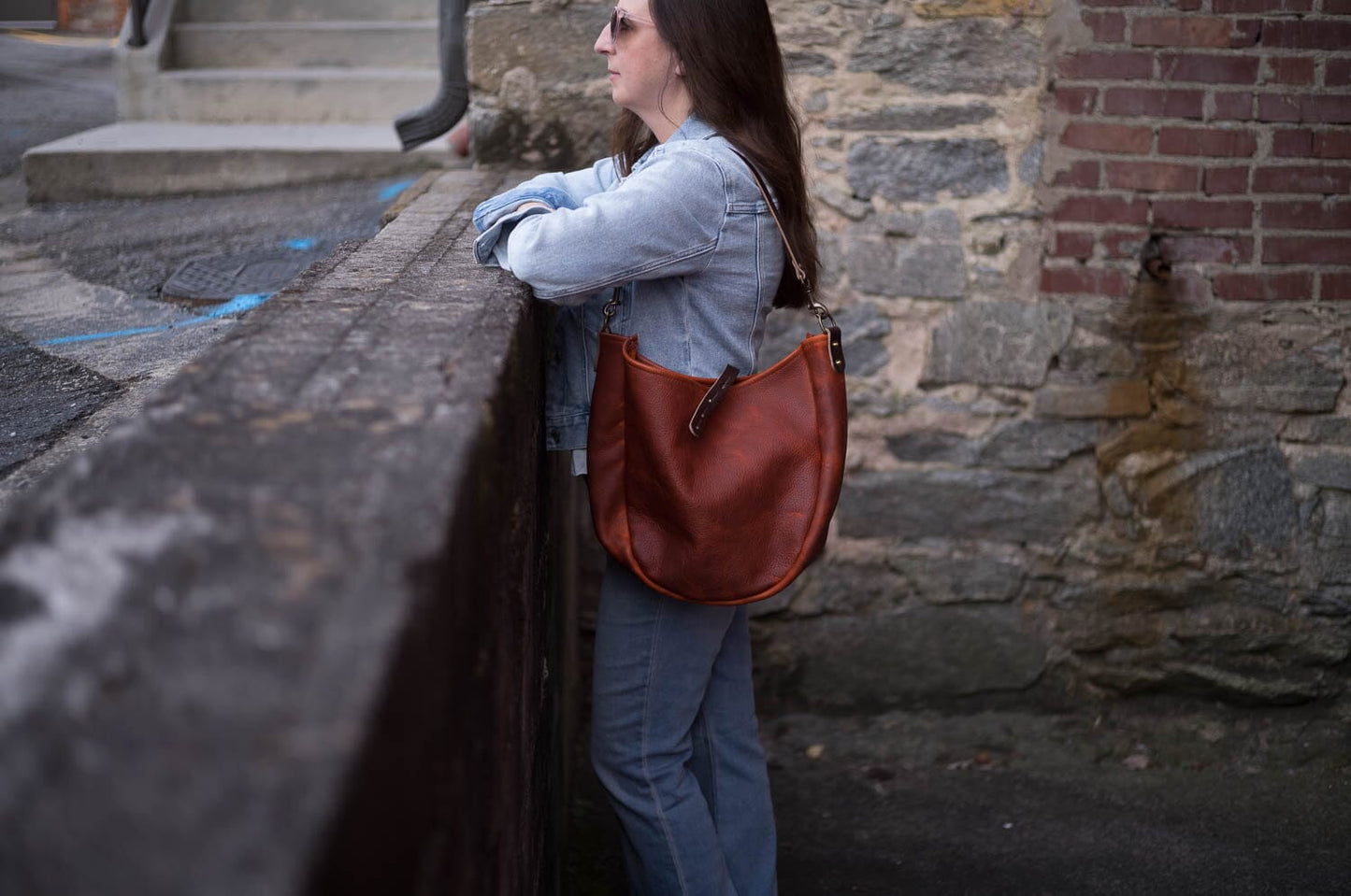 Celeste Leather Hobo Bag - Medium - Tangerine Bison