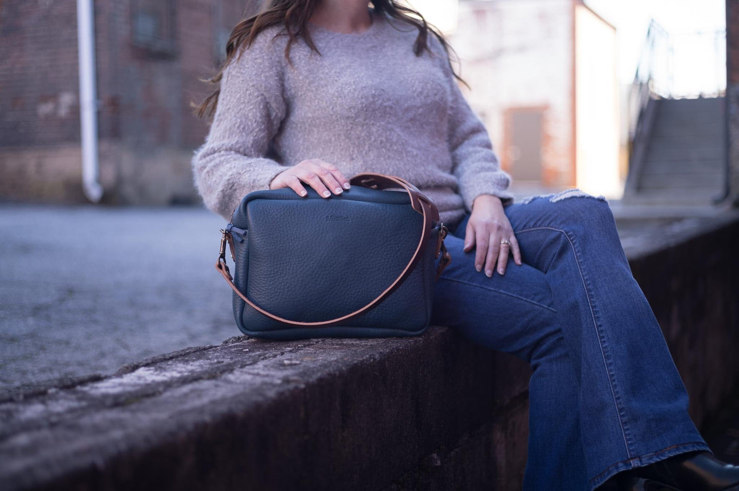 SARAH LEATHER CROSSBODY - LARGE - SMOKEY BLUE - IN STOCK