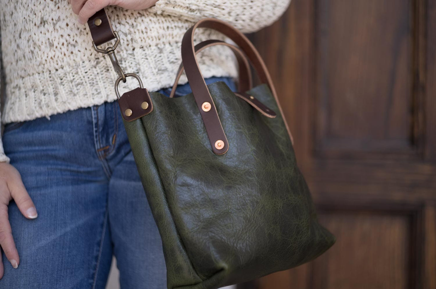 AVERY LEATHER TOTE BAG - MINI CROSSBODY - JADE BISON