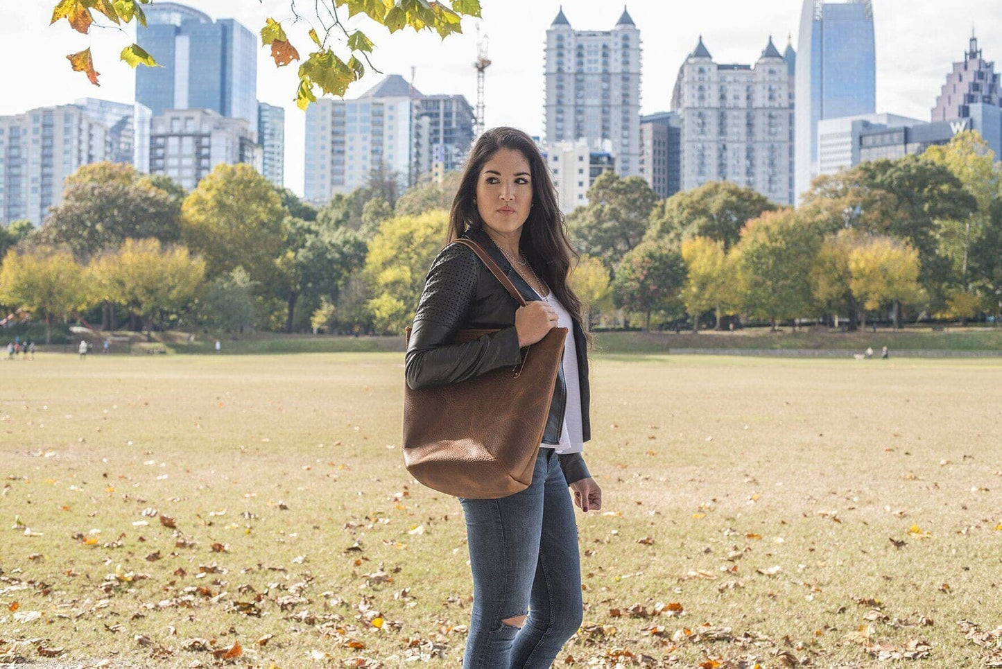 AVERY LEATHER TOTE BAG - SLIM LARGE - WHISKY BISON