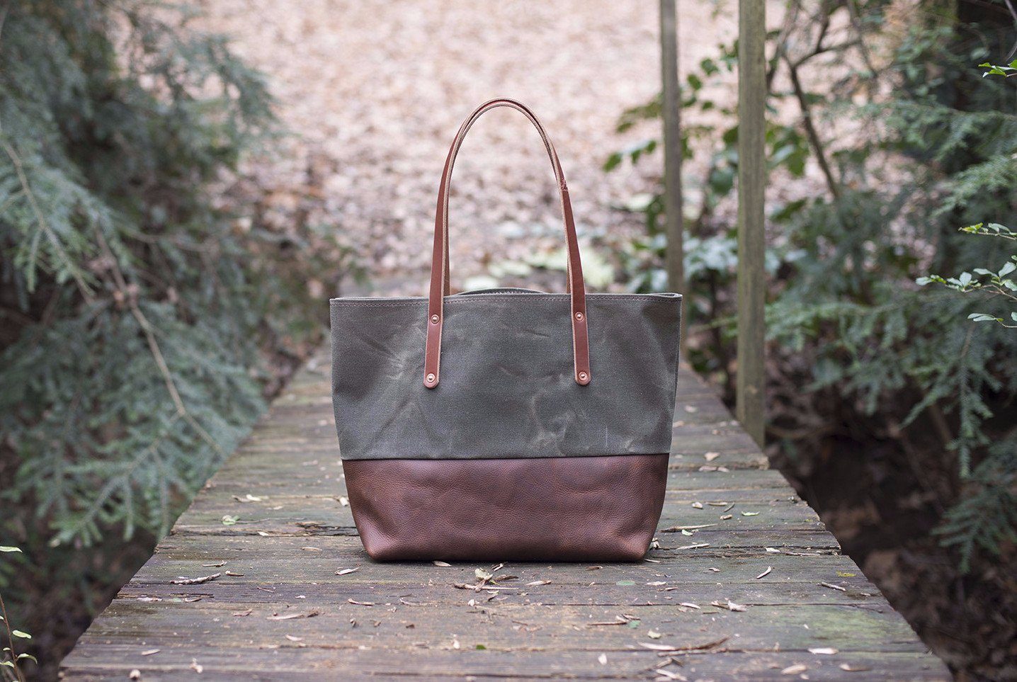 Large waxed canvas tote bag with leather handles / canvas market