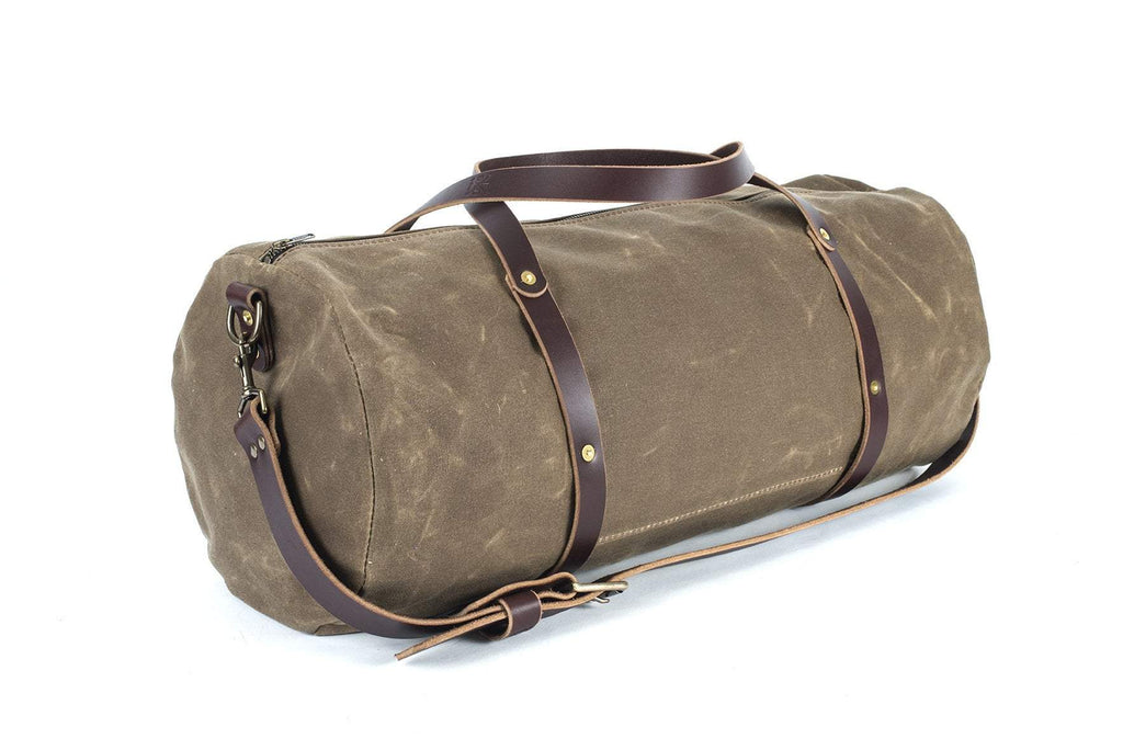 Waxed Canvas Duffle Bag - Black with Black Leather