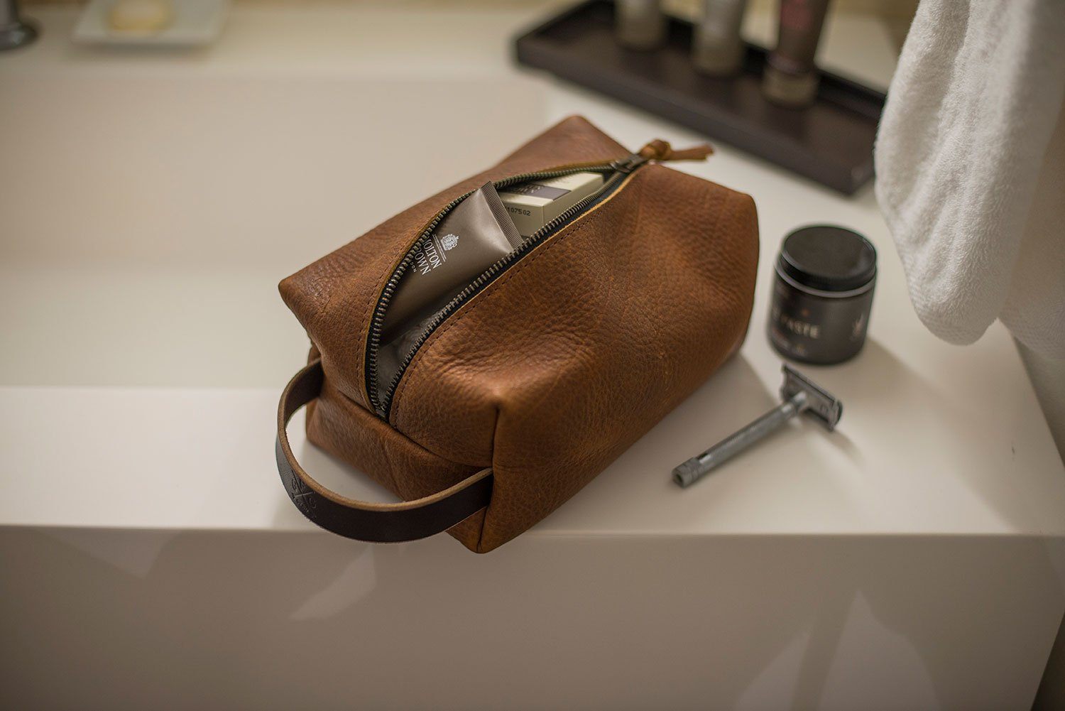 Genuine Leather Toiletry Bag for Men or Women - Travel Shaving Dopp Ki