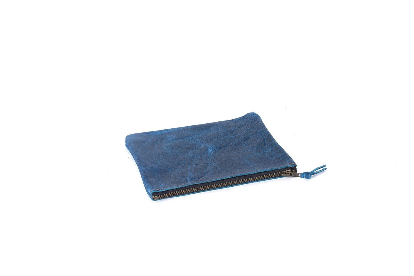 LEATHER TOP ZIPPER POUCH - COBALT BISON