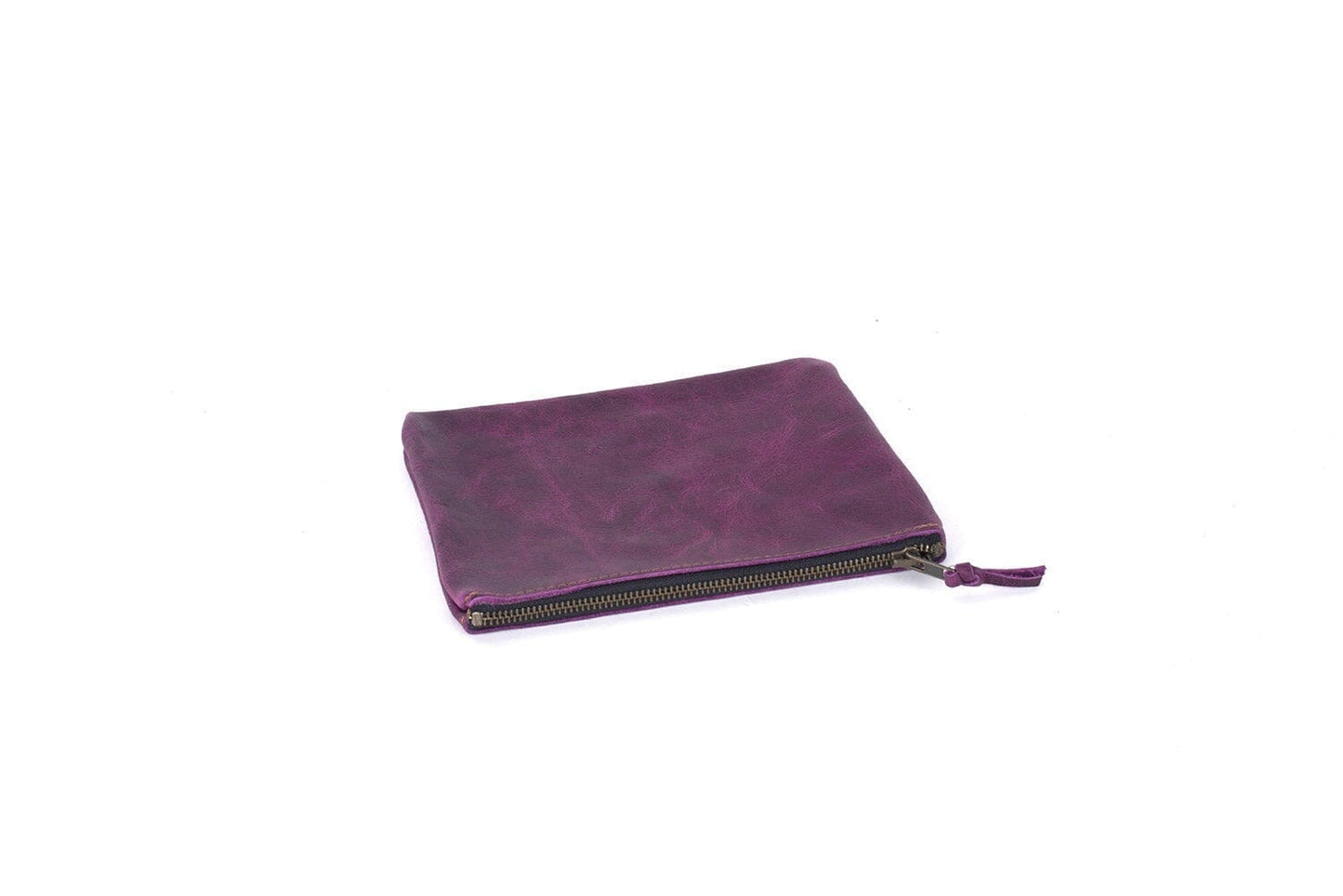 LEATHER TOP ZIPPER POUCH - GRAPE BISON