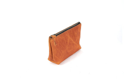 LEATHER TOP ZIPPERED POUCH - SMALL - TANGERINE BISON