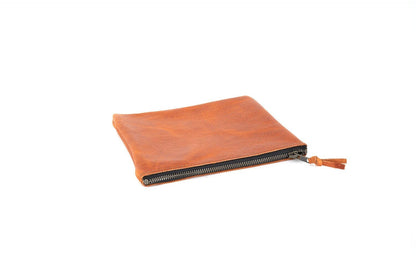 LEATHER TOP ZIPPER POUCH - TANGERINE BISON